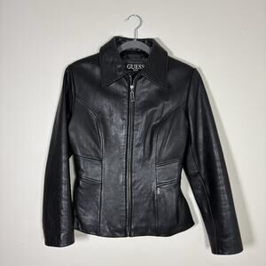 PRISTINE Vintage GUESS USA Black Genuine Leather Fitted Moto Jacket Y2K SZ S